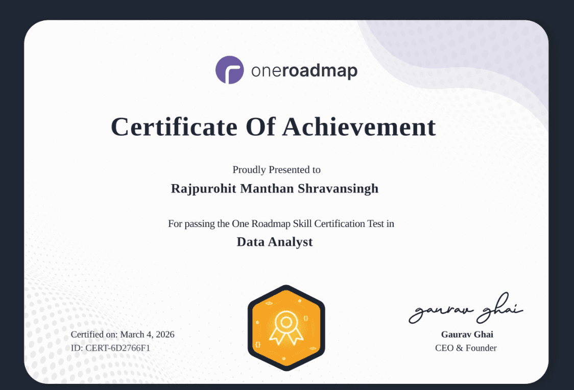 OneRoadmap Data Analyst Certification certificate preview