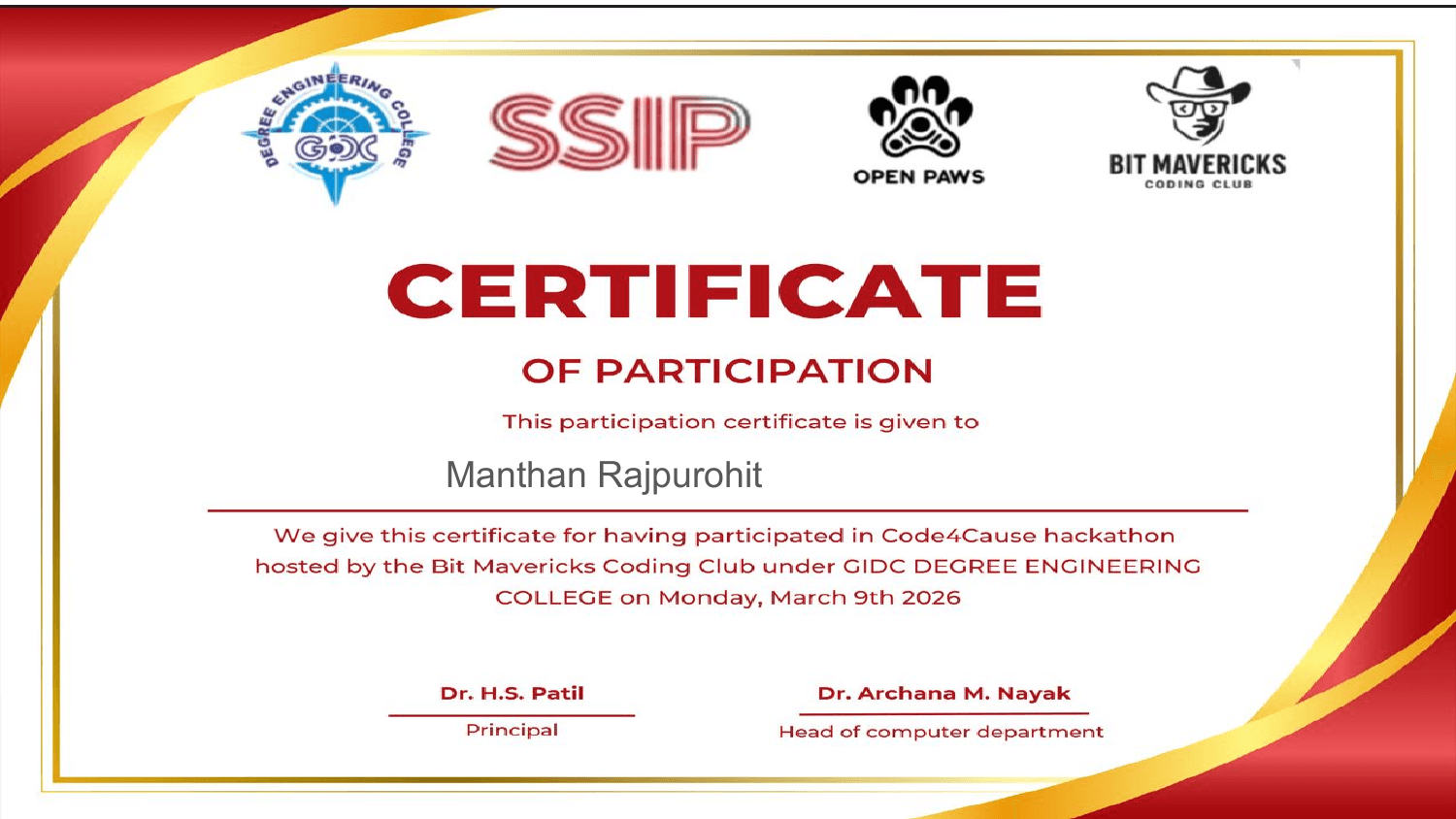 Code4Cause Hackathon certificate preview