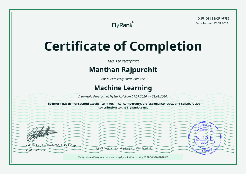 FlyRank AI Machine Learning Internship certificate preview