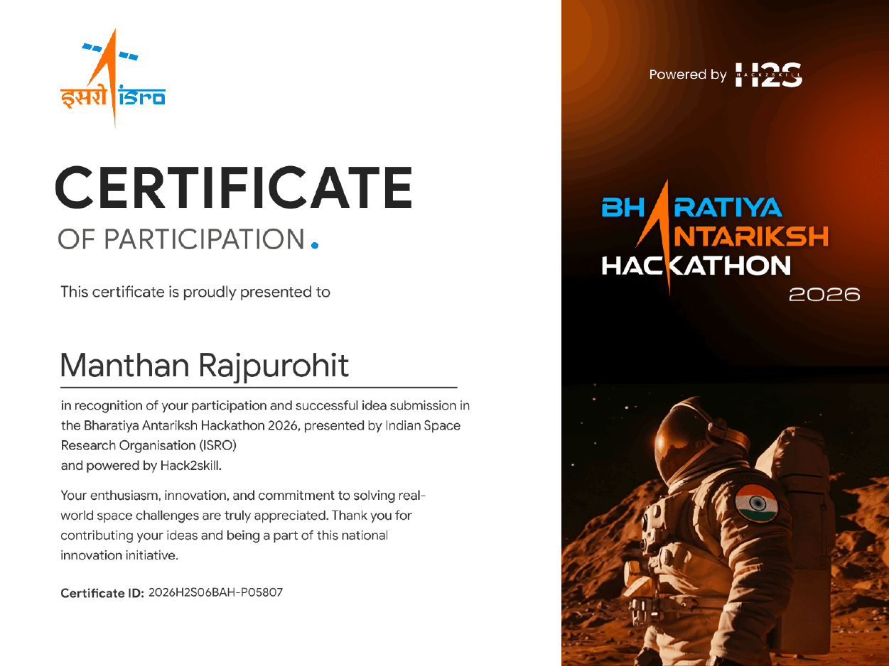 Bharatiya Antariksh Hackathon 2026 certificate preview