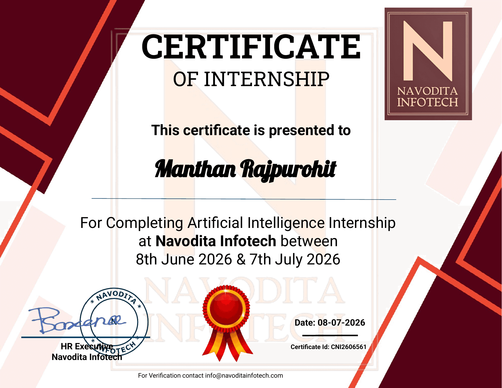 Navodita Infotech AI Internship certificate preview
