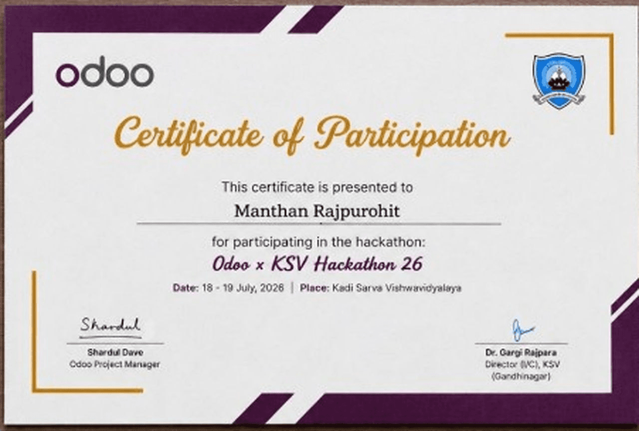 Odoo x KSV Hackathon 26 certificate preview