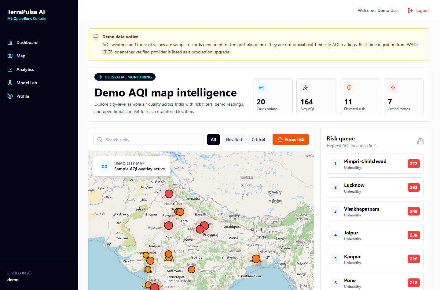 TerraPulse AI geospatial AQI map dashboard